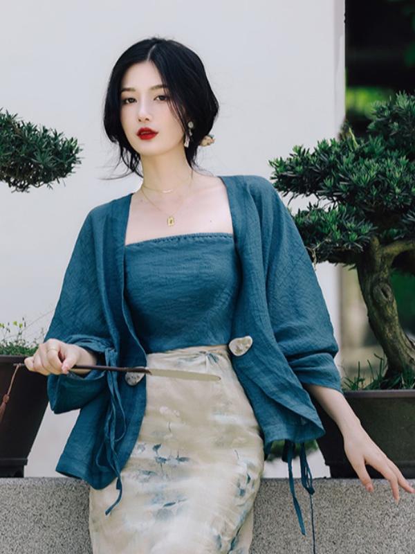 Vintage Fashion In Chinese - Übergröße Blumenmuster Offener Cardigan Trägerkleid-Set Chinesischer