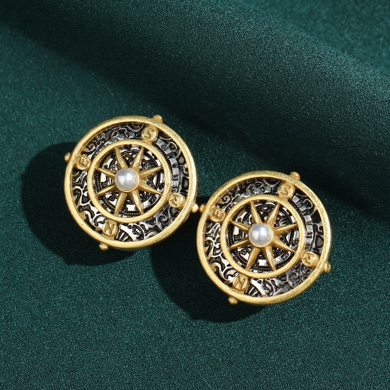 Vintage Fashion Jewelry Brands - Vintage-Schmuck für Damen Kompass-Ohrstecker Antik-Goldplattiert Rund