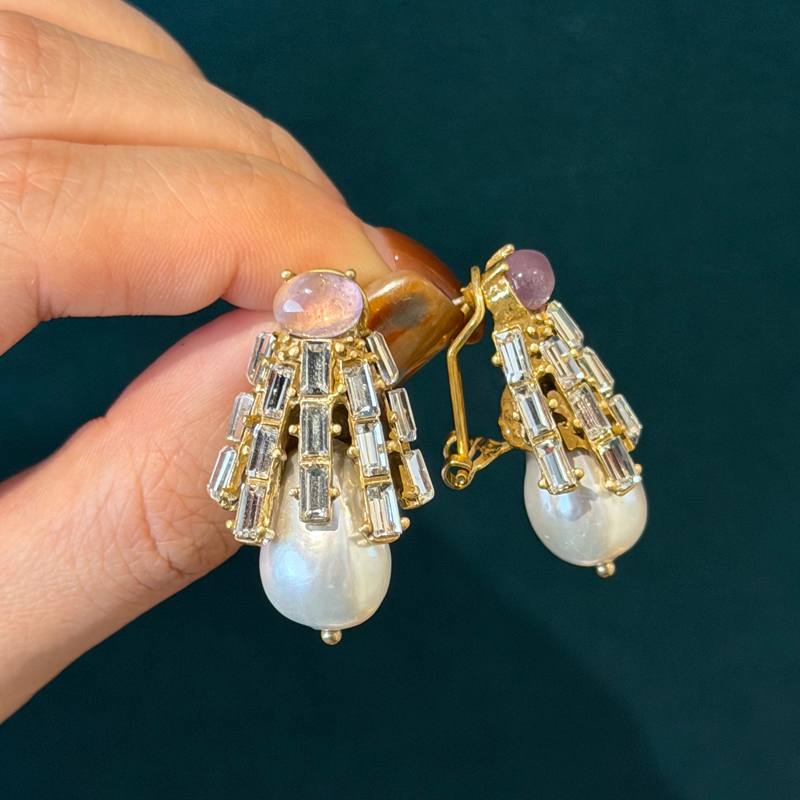 Vintage Fashion Jewelry Brands - Vintage Lila Kristall Weißer Zirkon Perlenohrringe